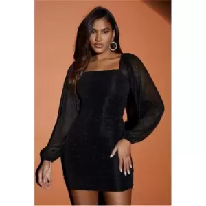 Image of I Saw It First Glitter Plisse Square Neck Puff Sleeve Ruched Bodycon Dress - Black