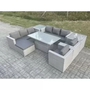 Image of Fimous 8 Seater Outdoor Rattan Dining Sofa Complete Set with Adjustable Table, 2 Side Tables and Big Footstool