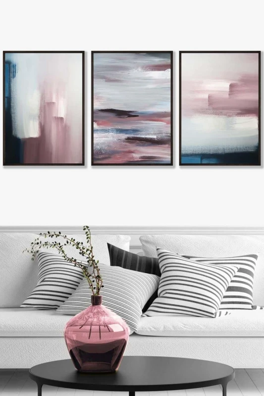 Image of ARTZE Abstract Navy Blue Grey Blush Pink Oil Framed Wall Art - Medium in Black Size: W45cm x H62cm x D20mm Black Unisex W45cm x H62cm x D20mm