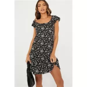 Image of I Saw It First Black Woven Floral Frill Bardot Shift Dress - Black
