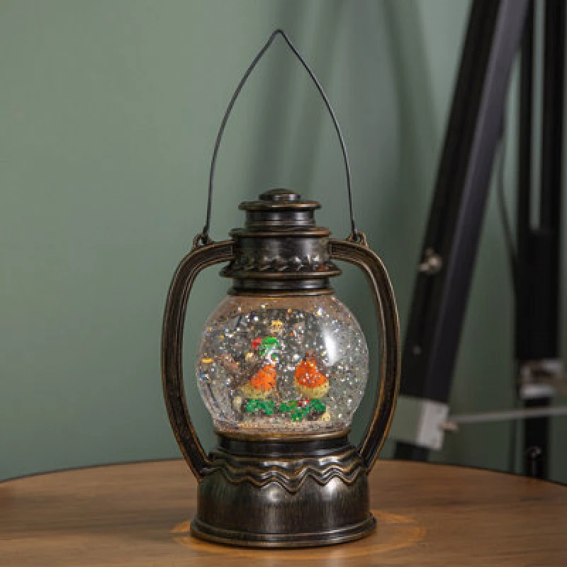 Image of Samuel Alexander 31Cm Dual Powered Light Up Antique Lantern Christmas Water Spinner With Robin Scene