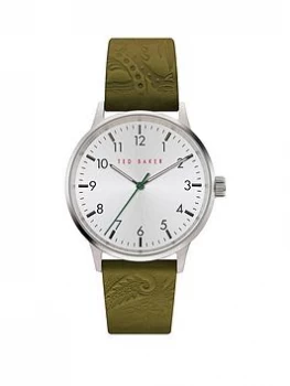 Image of Ted Baker Cream Dial Green Leather Logo Embossed Strap Watch, One Colour, Men