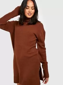 Image of Boohoo Roll Neck Oversized Jumper Dress - Brown, Size 16, Women