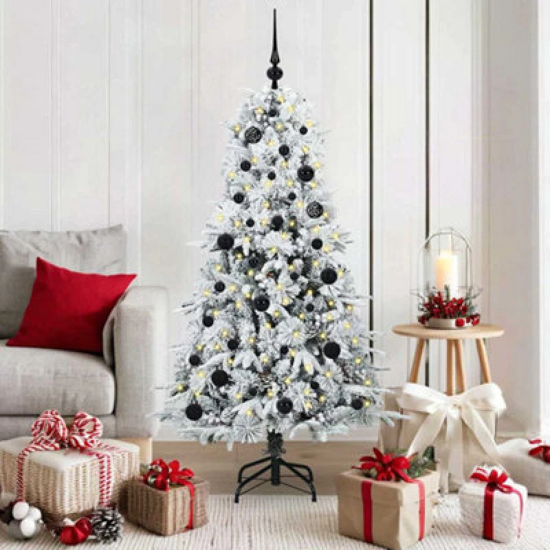 Image of vidaXL Artificial Hinged Christmas Tree with Black Balls Snow Flocked Green 150cm PE and PVC, Green 3397472