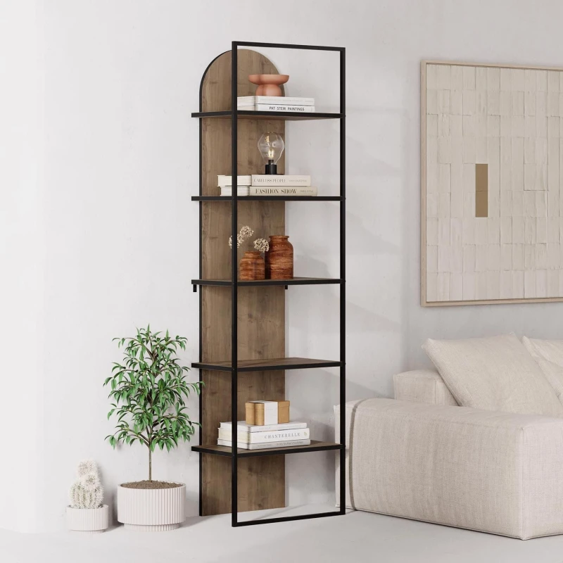 Image of FWStyle FWStyle 5 Tier Modern Arched Dark Oak Bookcase Shelving Unit in Brown Brown One Size Unisex 8683628019856