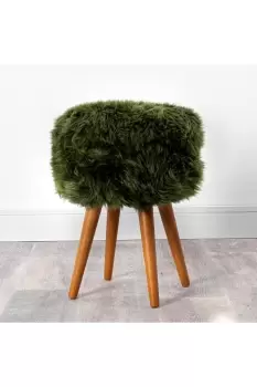 Image of Olive Green Sheepskin Wood Stool - Woodstain