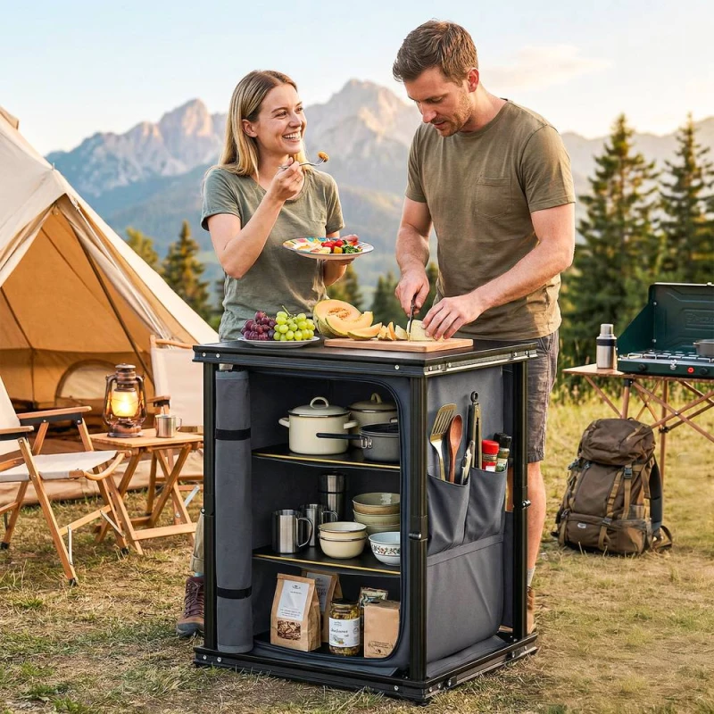 Image of OUTSUNNY Camping Cupboards, Folding Camping Kitchen Table with 3-Tier in Black Unisex