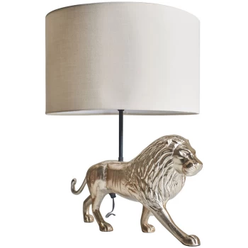 Image of Brass Lion Design Table Lamp with Fabric Lampshade - Beige