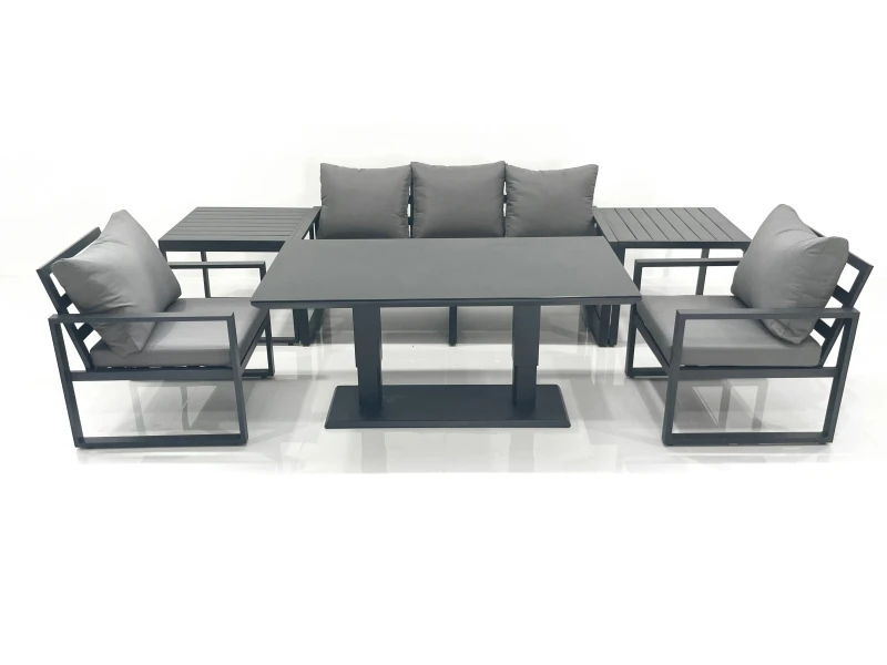 Image of Fimous Outdoor Aluminium Garden Furniture Set with Adjustable Rising Lifting Dining Table 3 Seater Sofa 2 Chair 2 Side Tables Dark Grey Dark Grey Unis