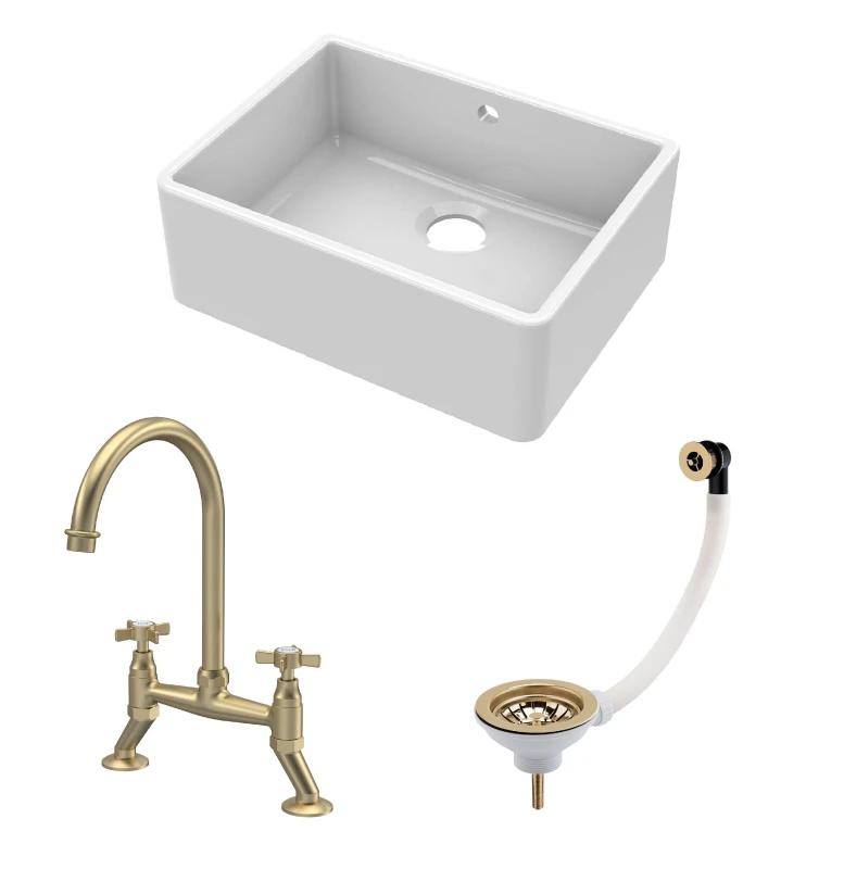 Image of Balterley Single Bowl Butler Sink with Overflow, Waste & Bridge Mixer Tap in White White Unisex
