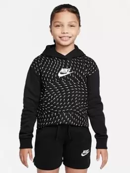 Image of Nike Junior NSW Fleece All-Over Print Hoodie - Black/White, Size Xs=6-8 Years, Women
