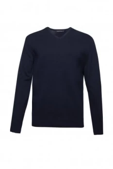 Image of Mens French Connection Milano Front Cotton V Neck Jumper Blue