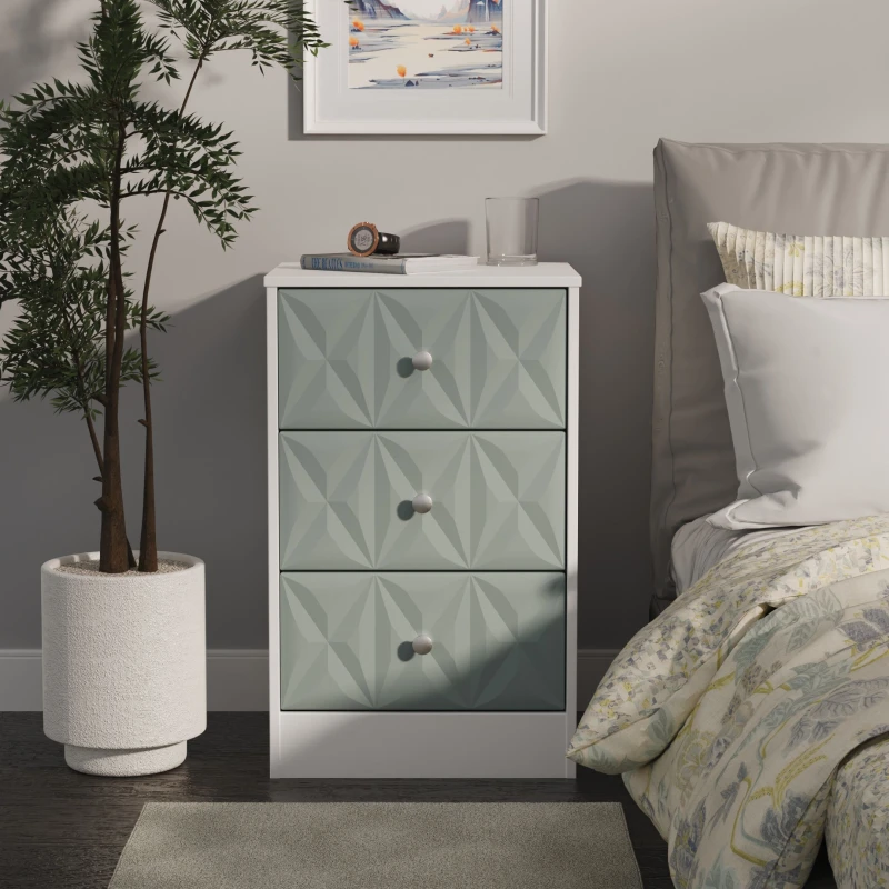 Image of San Jose Ready Assembled Matt Duck Egg Blue & White 3 Drawer Bedside Chest (H)726mm (W)450mm (D)395mm