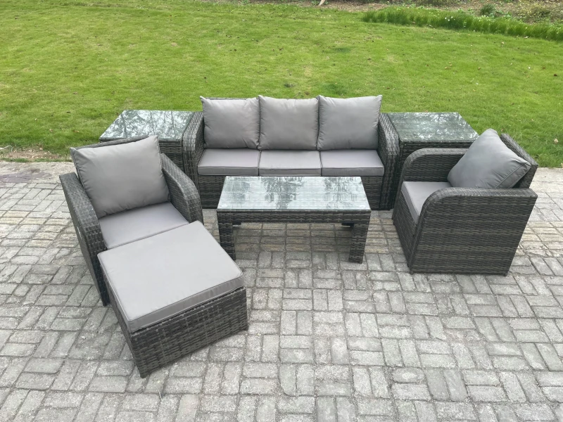 Image of Fimous 6 Seater Rattan Garden Furniture Set with Rectangular Coffee Table 2 Side Tables Big Footstool Patio Outdoor Rattan Set Dark Grey