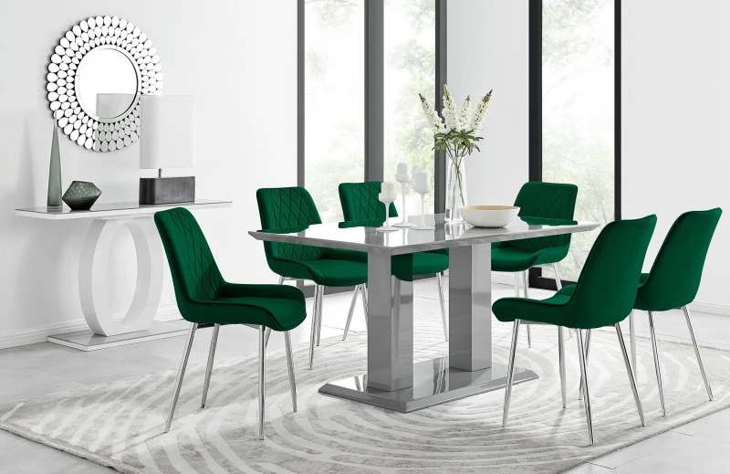 Image of FurnitureboxUK FurnitureboxUK Imperia 6 Grey Dining Table and 6 Pesaro Silver Leg Chairs in Green Green One Size Unisex 5056542641251
