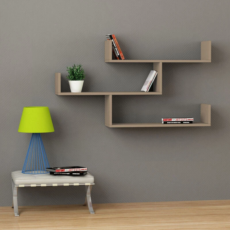 Image of DECORTIE Tibet Wall Mounted Modern Bookcase Display Unit w 119cm Wide - Mocha Grey - Mocha Grey - Decortie M.KT.01.11043.15