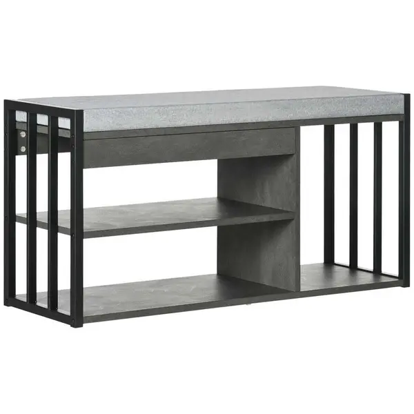 Image of HOMCOM Upholstered Entryway Shoe Bench With Storage Open Shelves Grey
