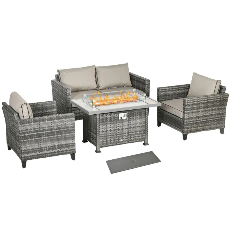 Image of Outsunny 5 PCs Rattan Garden Furniture Set with Gas Fire Pit Table Grey - Outsunny 860-335V70GY