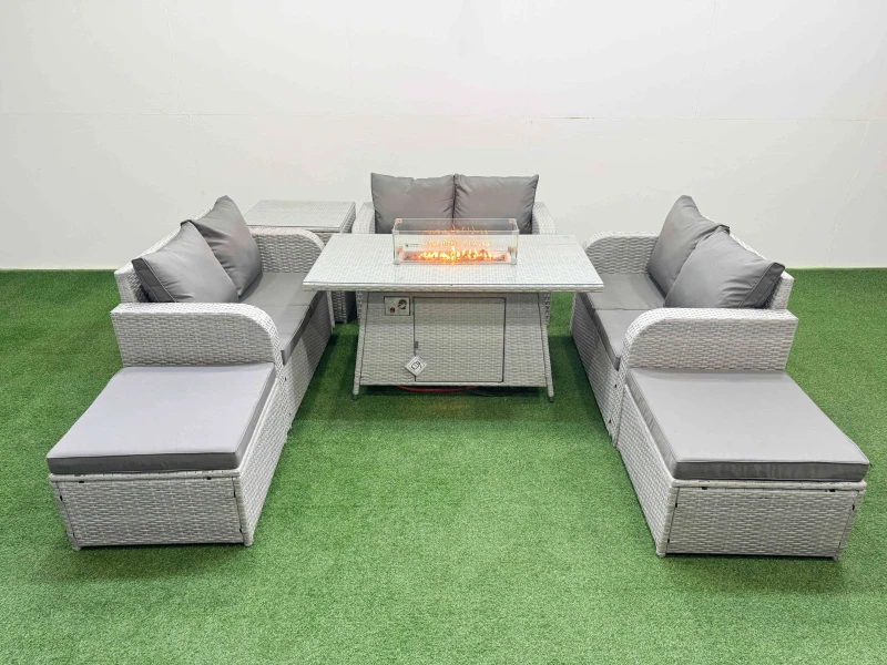 Image of Fimous 8 Seater PE Wicker Rattan Furniture Sofa Sets with Firepit Dining Table 2 Seater Love Sofa 2 Big Footstool Side Table Light Grey Light Grey