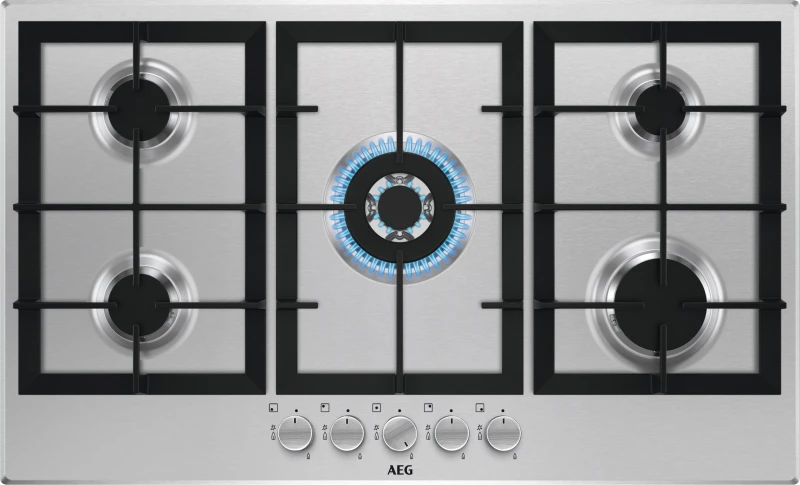 Image of AEG HGX95320SM 3000 Series 90cm 5 Burner Gas Hob with Wok Burner - Stainless Steel 949751022 Stainless steel