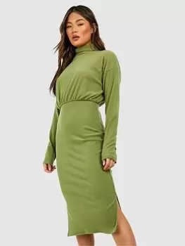Image of Boohoo Soft Rib Roll Neck Midi Dress - Khaki, Green, Size 10, Women