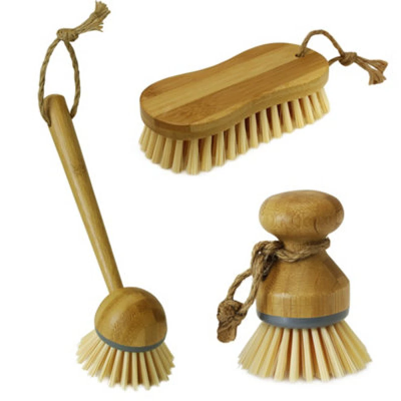 Image of JVL Bamboo Cleaning Essentials, Scrubbing Round Dish Brush Set of 3 Brown