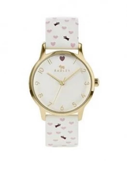 Image of Radley Silver Dial Cream Dog And Heart Print Leather Strap Ladies Watch