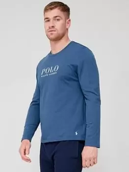 Image of Polo Ralph Lauren Chest Logo Long Sleeve Lounge T-Shirt - Dark Blue , Dark Blue Size M Men