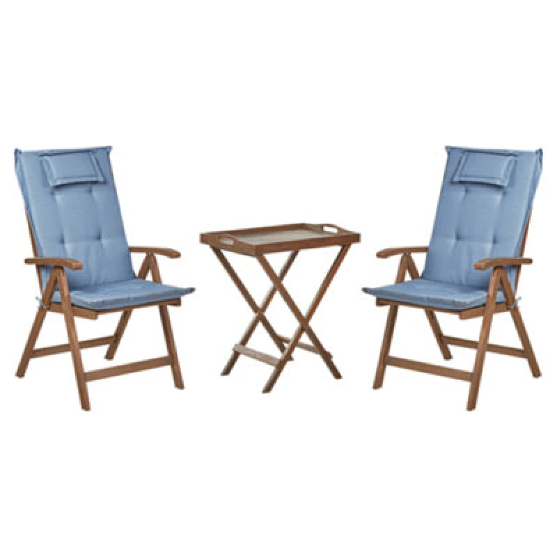 Image of Beliani Bistro Set With Cushions Folding Amantea Acacia Wood Blue