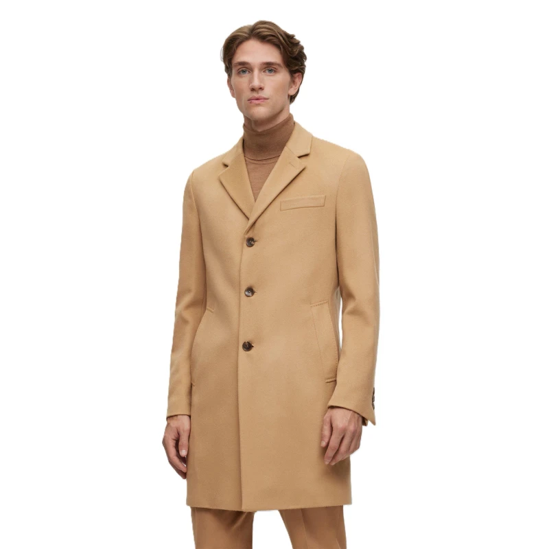 Image of Boss Mens Hyde Tailored Fit Long Formal Coat Beige male 36 (46)