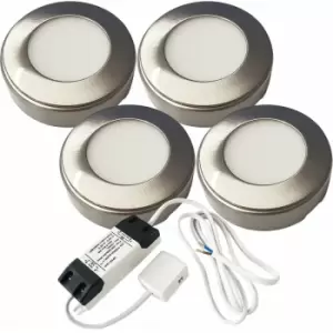 Image of 4x brushed nickel Round Surface or Flush Under Cabinet Kitchen Light & Driver Kit - Warm White led