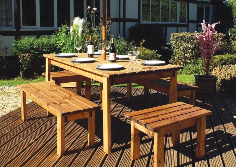 Image of Charles Taylor Trading Premium Outdoor 8-Seater Table Set: Solid Wood, Form Benches, Sustainably Sourced, Rot-Free Guarantee