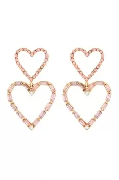 Image of Rose Gold Pink Baguette Double Heart Drop Earrings
