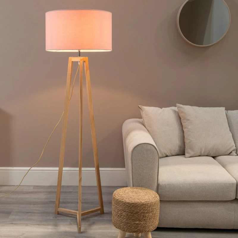 Image of ValueLights Lottie Natural Wood Tripod Floor Lamp with Fabric Drum Shade Pink