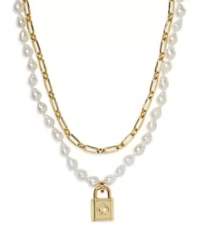 Image of kate spade new york Lock And Spade Padlock Charm Paperclip Link & Freshwater Pearl Layered Pendant Necklace in Gold Tone, 17-20