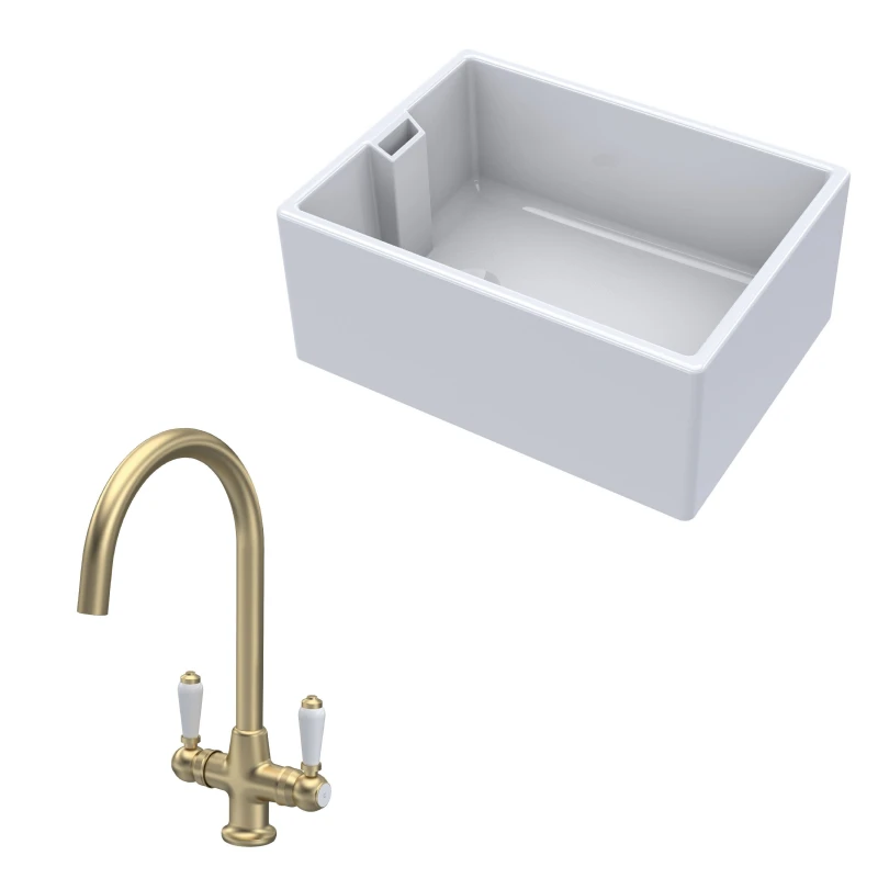 Image of Balterley Fireclay Kitchen Bundle 1 Bowl Belfast Sink Brushed Brass 615mm Bronze