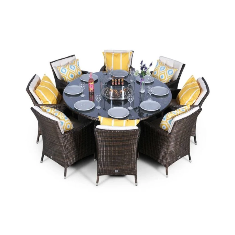 Image of Thats Furniture Savannah Fire Pit 8 Seater Round Rattan Dining Set in Brown Brown Unisex