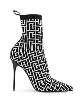Image of Balmain Womens Pointed Toe Logo Knit High Heel Ankle Booties