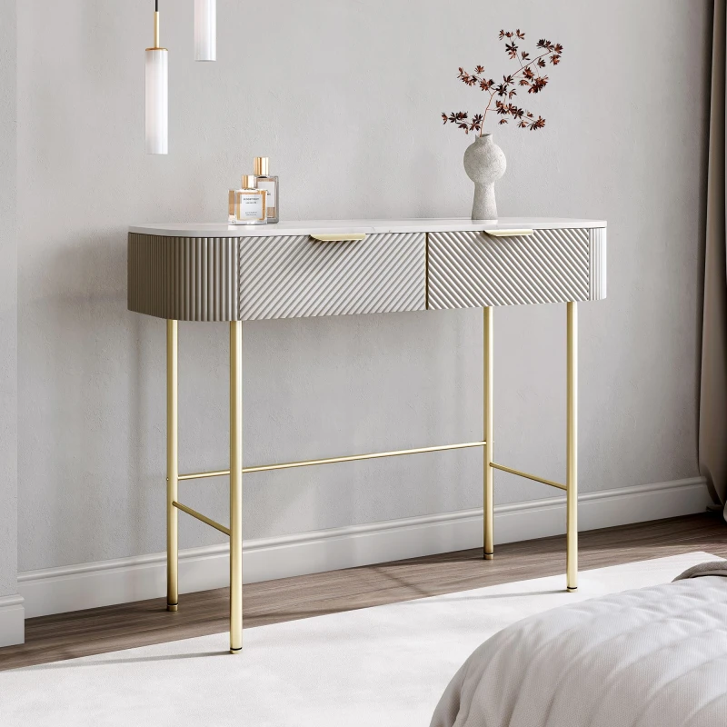 Image of CARME HOME Imogen Mocha Dressing Table - Drawers with ribbed front finished - Marble-effect tabletop in Brown Brown Unisex