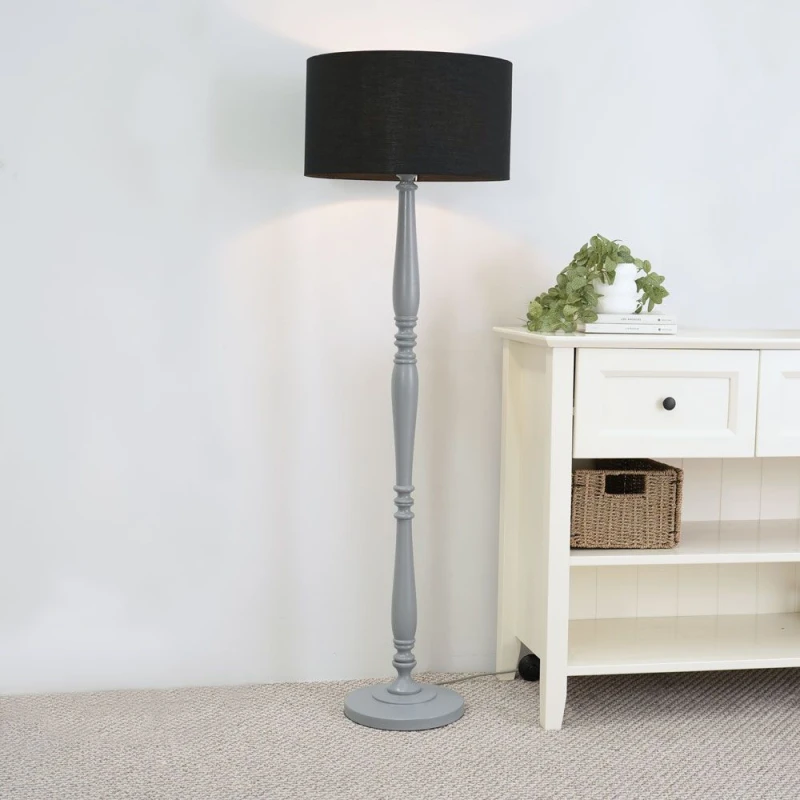 Image of ValueLights Victoria Grey Wood Traditional Stem Floor Lamp with Fabric Drum Shade Black