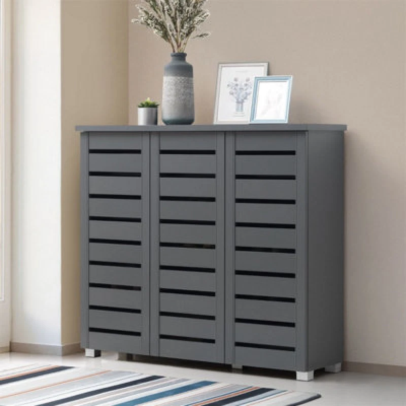 Image of Timber Art Design 4Tier Shoe Storage Cabinet 3 Door Cupboard Stand Rack Unit Dark Grey