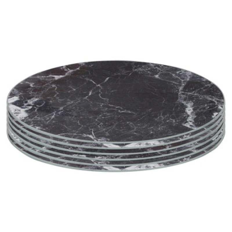 Image of Harbour Housewares 6X Round Glass Placemats - 30Cm - Black Marble Dining Table Place Mats Tabletop Protector For Kitchen Worktops