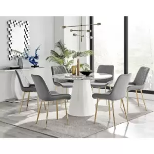 Image of Furniturebox Palma White Marble Effect 120cm Round Minimalist Dining Table & 6 Grey Pesaro Gold Leg Velvet Chairs