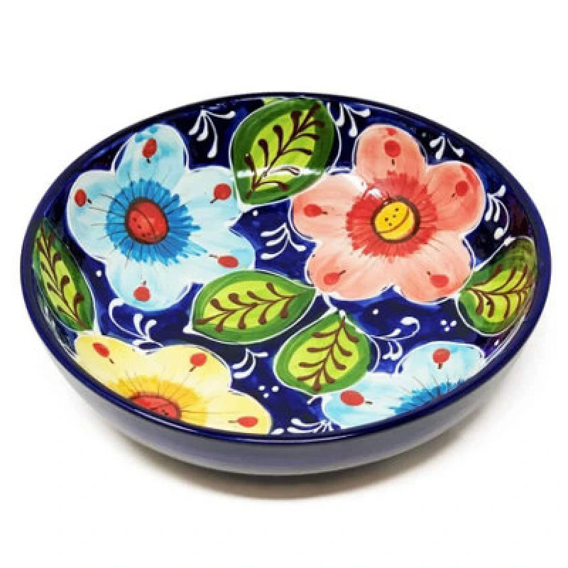 Image of Verano Spanish Ceramics Classic Spanish Hand Painted Pattern Kitchen Dining Shallow Bowl 23Cm Pink Flower
