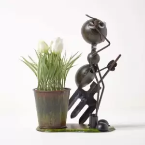 Image of Metal Ant with Garden Fork and Flower Pot, 32cm Tall - Black and Green - Homescapes
