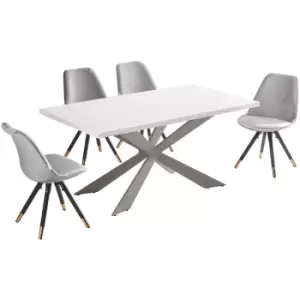 Image of Life Interiors - 5 Pieces Sofia Duke Dining Set - a White Rectangular Dining Table and Set of 4 Light Grey Dining Chairs - Light Grey