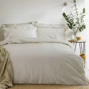 Image of The Linen Yard Hebden Stripe Melange Print 100% Cotton Reversible Duvet Cover Set, Natural, Double