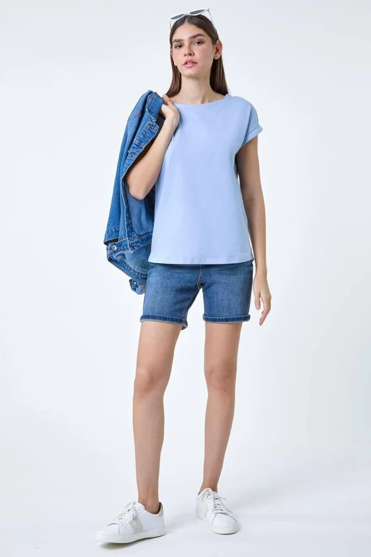 Image of Roman Womens Plain Stretch Cotton Jersey T-Shirt in Light Blue Size: 16 Light Blue Female 16