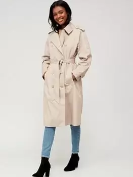 Image of Tommy Hilfiger Cotton Blend Double Breasted Trench Coat - Beige, Beige, Size 36, Women