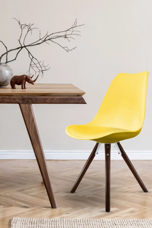 Image of Fusion Living Soho Plastic Dining Chair with Pyramid Dark Wood Legs Yellow